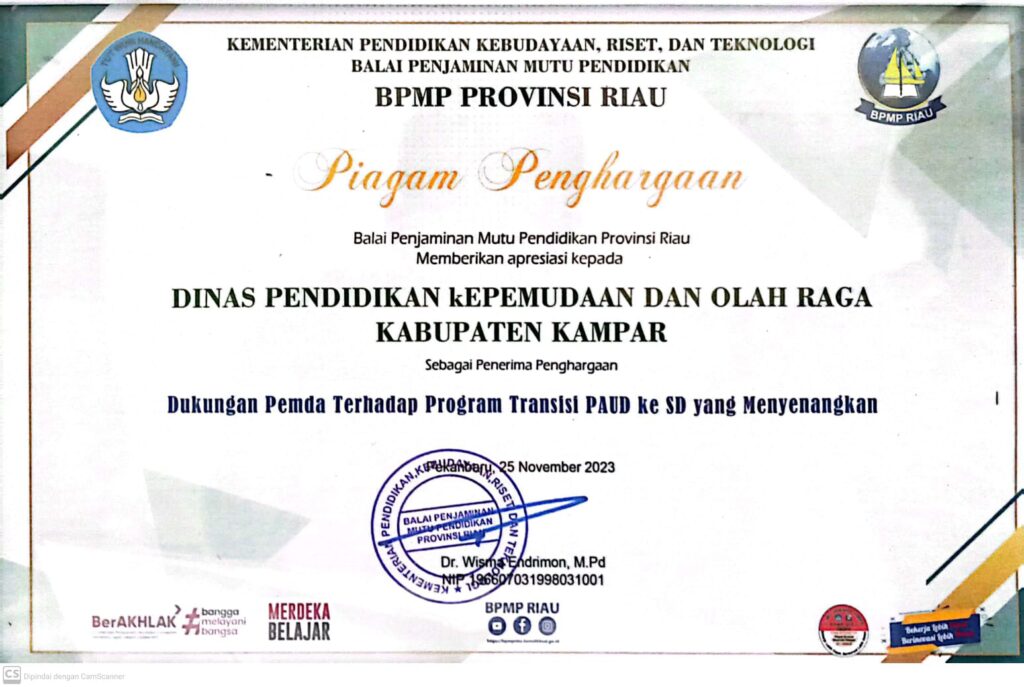 Piagam Pengharagaan Dukungan Transisi PAUD